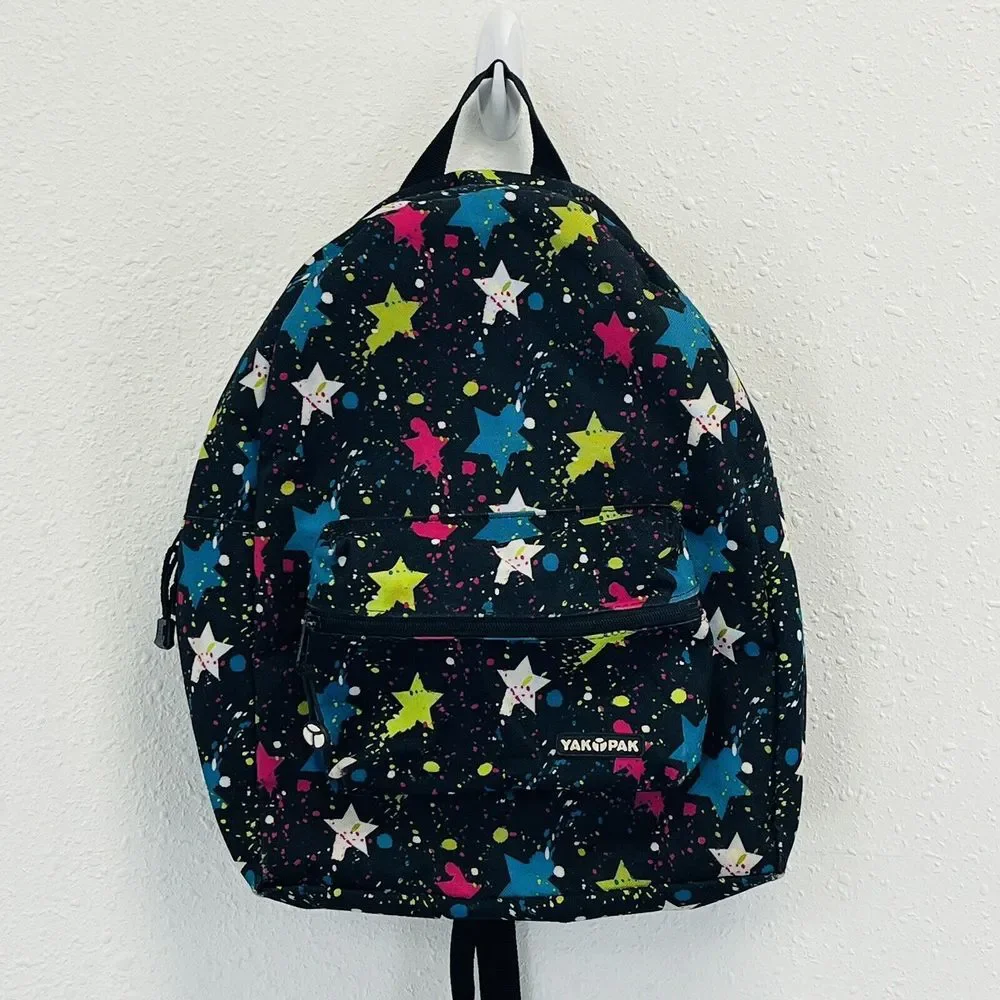 Yak Pak Stars Backpack Black Multicolor Splatters School‎ Book Bag